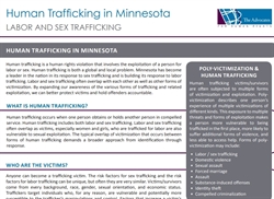 [ai] An informational flyer titled 'Human Trafficking in Minnesota' discussing labor and sex trafficking. It includes sections on the definition, victims, and poly-victimization related to human trafficking.